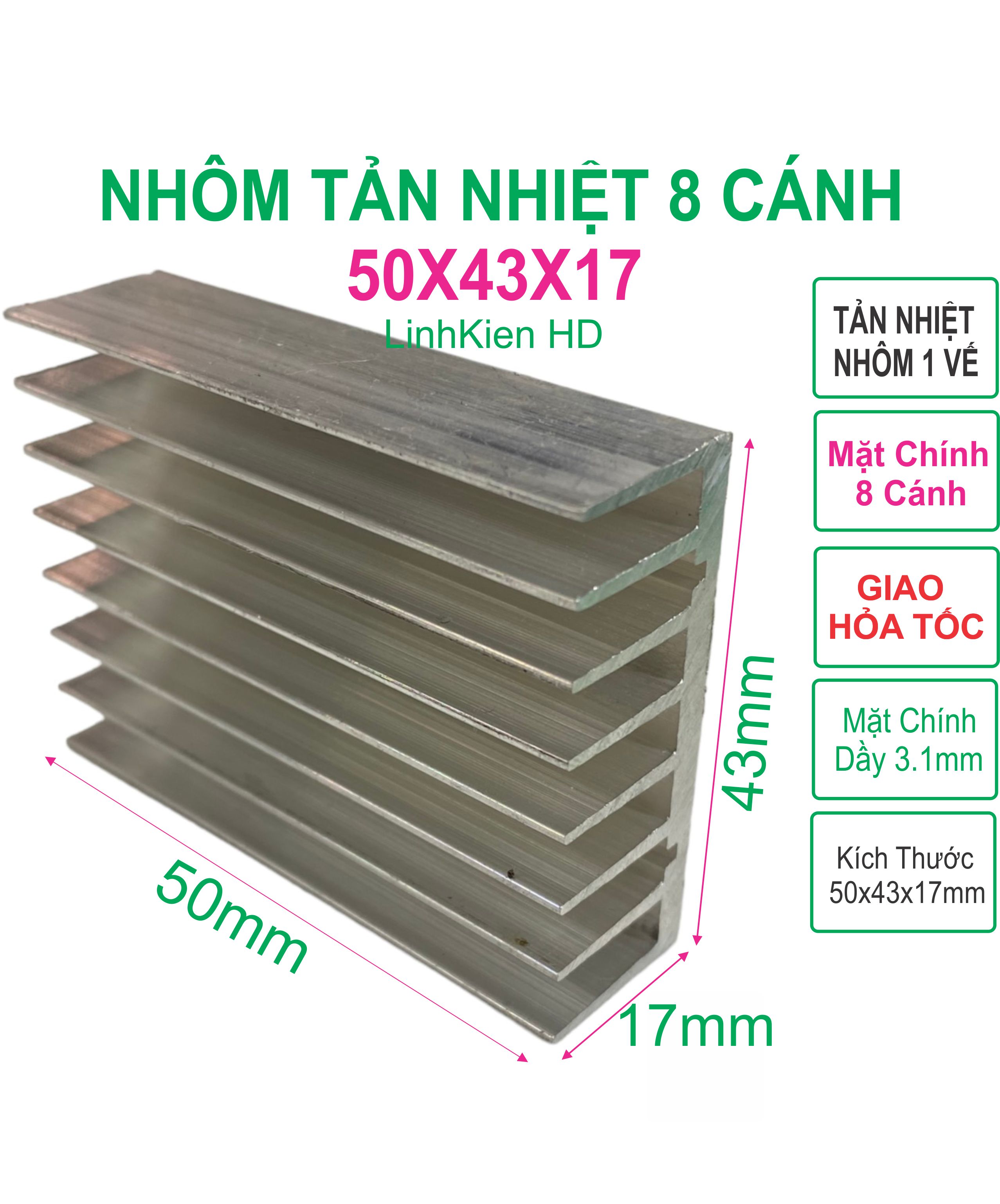 Nhôm Tản Nhiệt 8 Cánh 50x43x17mm - LinhKien HD Giá 21,000 Đồng*Miễn phí vận chuyển