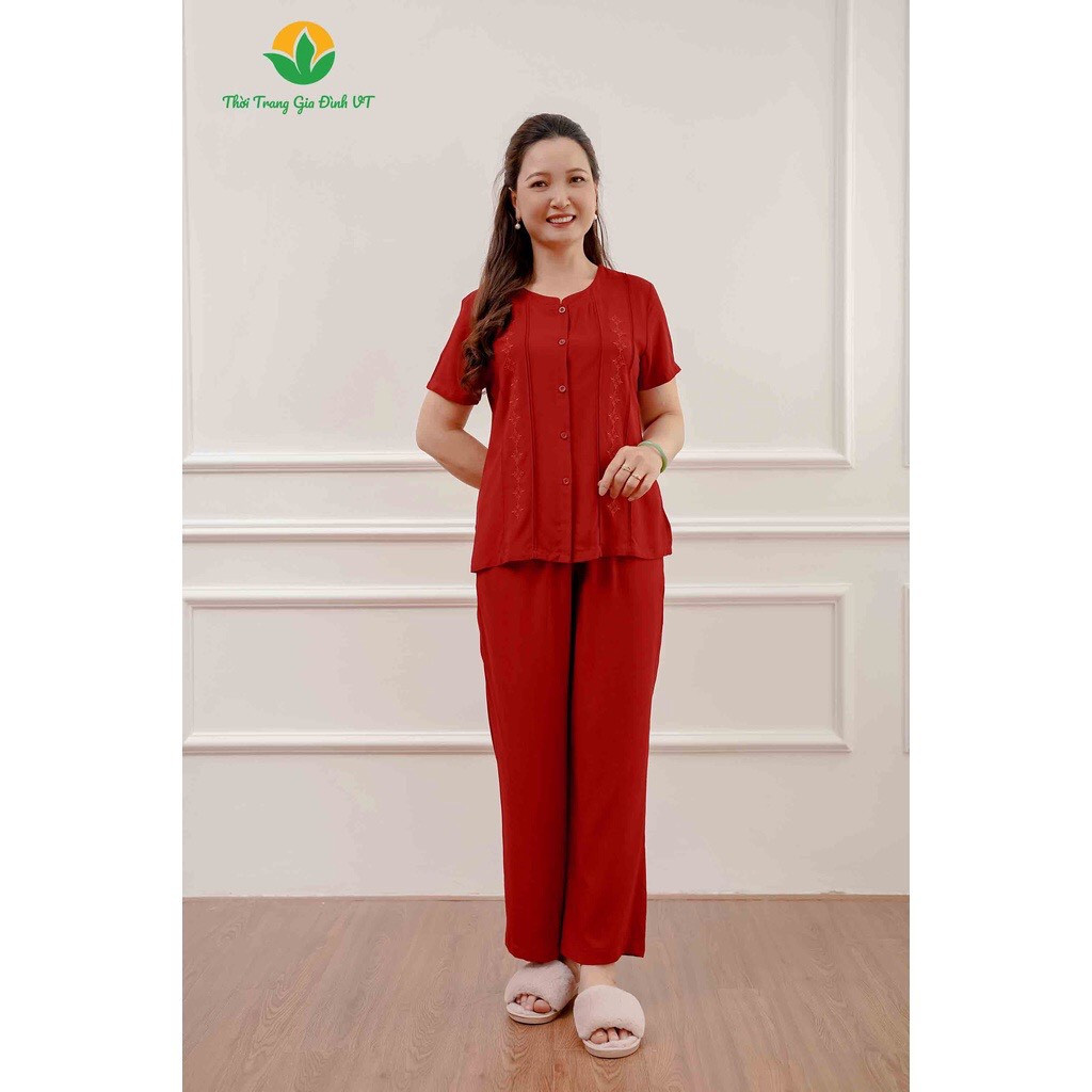 Bộ quần áo mặc nhà trung niên mùa hè Việt Thắng, quần dài, áo cộc tay, chất Lanh mát - B28.2201
