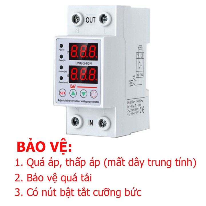 Bảo vệ quá áp thấp áp quá dòng 63a lw esh