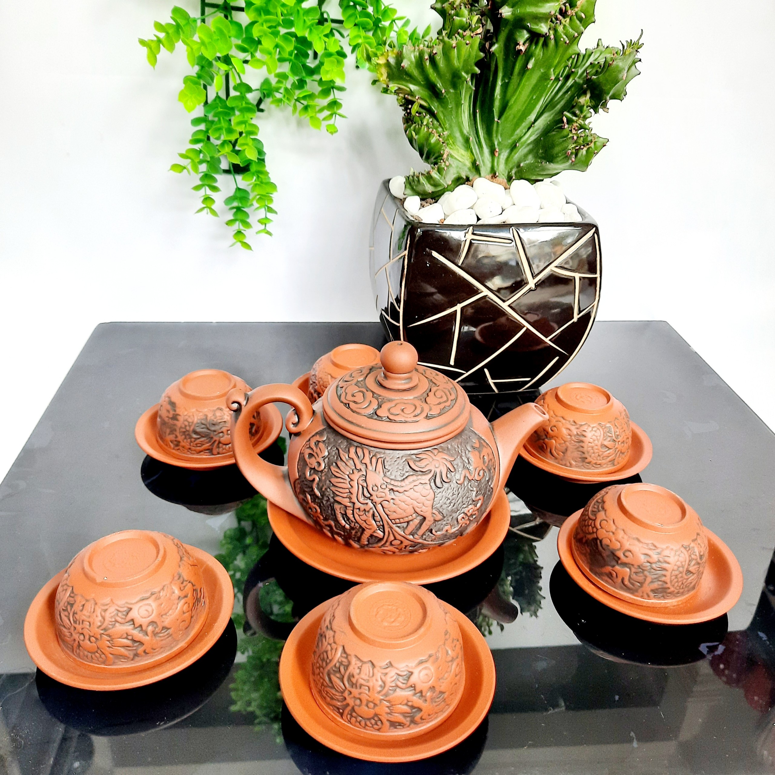Bộ ấm trà tử sa khắc nổi cao cấp gốm sứ Bát Tràng