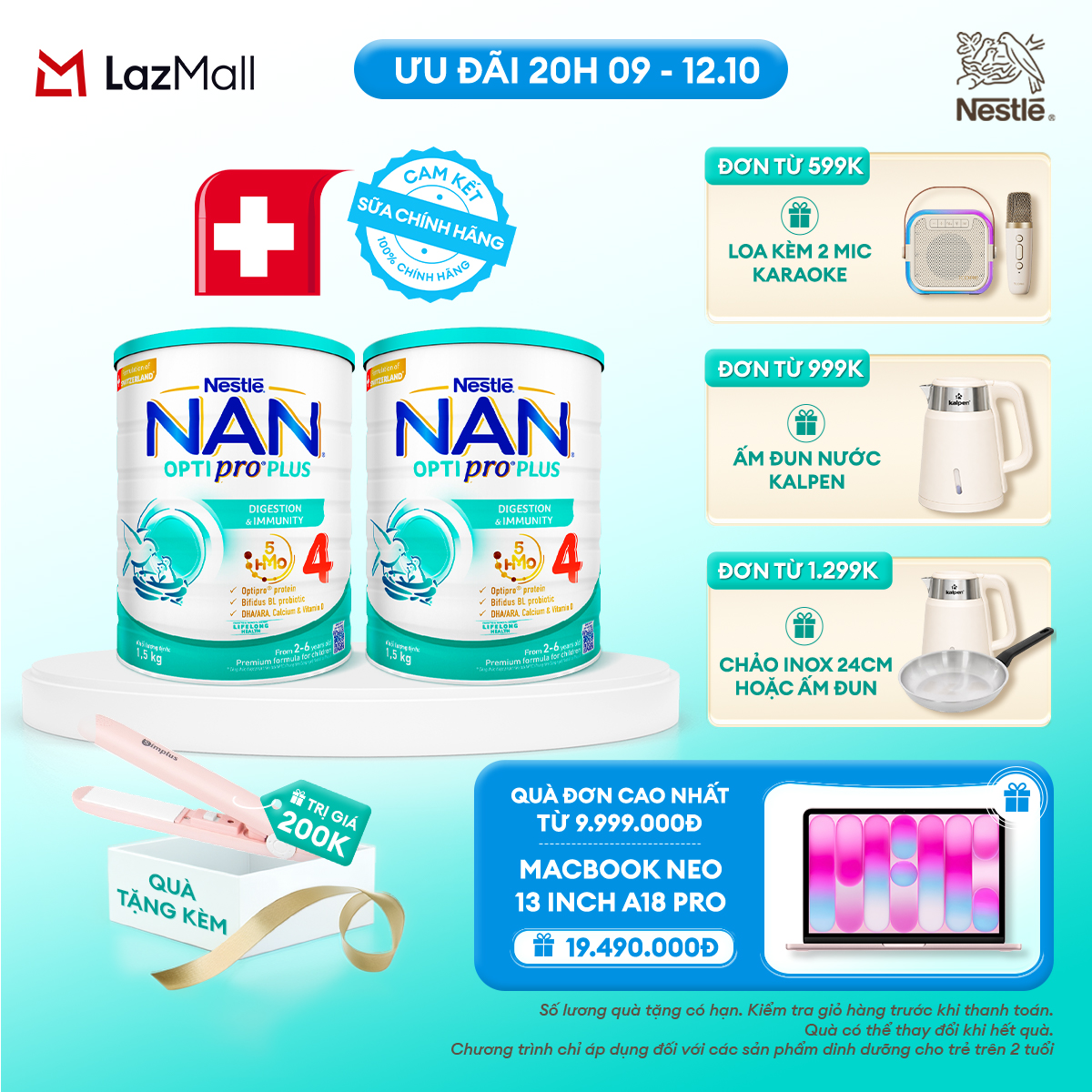[CHỈ 20h 9-12.10 QT ĐƠN 599K/999K/1299K] [Tặng Máy uốn duỗi Simplus] Combo 2 lon Sữa bột Nestlé NAN OPTIPRO PLUS 4 1500g/lon với 5HMO Giúp tiêu hóa tốt