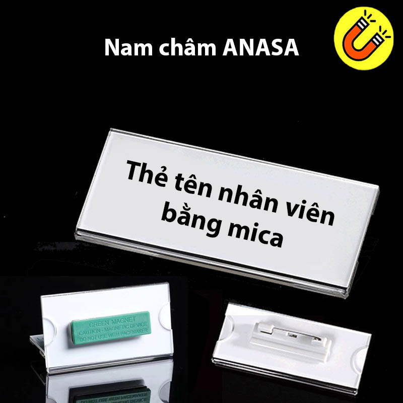 Nam châm thẻ tên, nam châm cài áo 3 viên kèm bảng tên mica