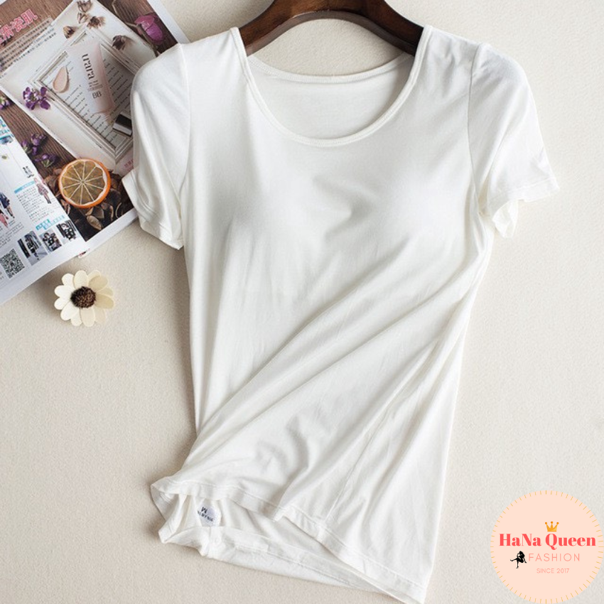 Áo phông nữ cộc tay kèm bra liền, cổ tròn, nhiều màu chất vải cotton thoáng khí thấm hút tốt