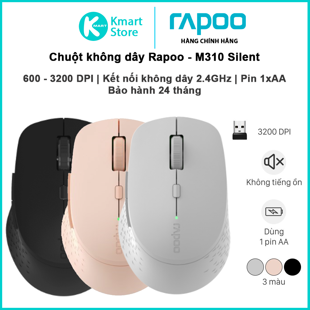 Chuột không dây rapoo m310 silent | kết nối không dây 2.4ghz | 600 - 3200 dpi | pin 1 x aa - hàng chính hãng