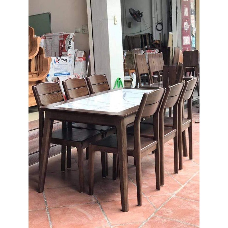 Bộ Bàn Ăn 6 Ghế Chân Chéo, Mặt Đá, Ghế Liền ( Hàng Kỹ) .