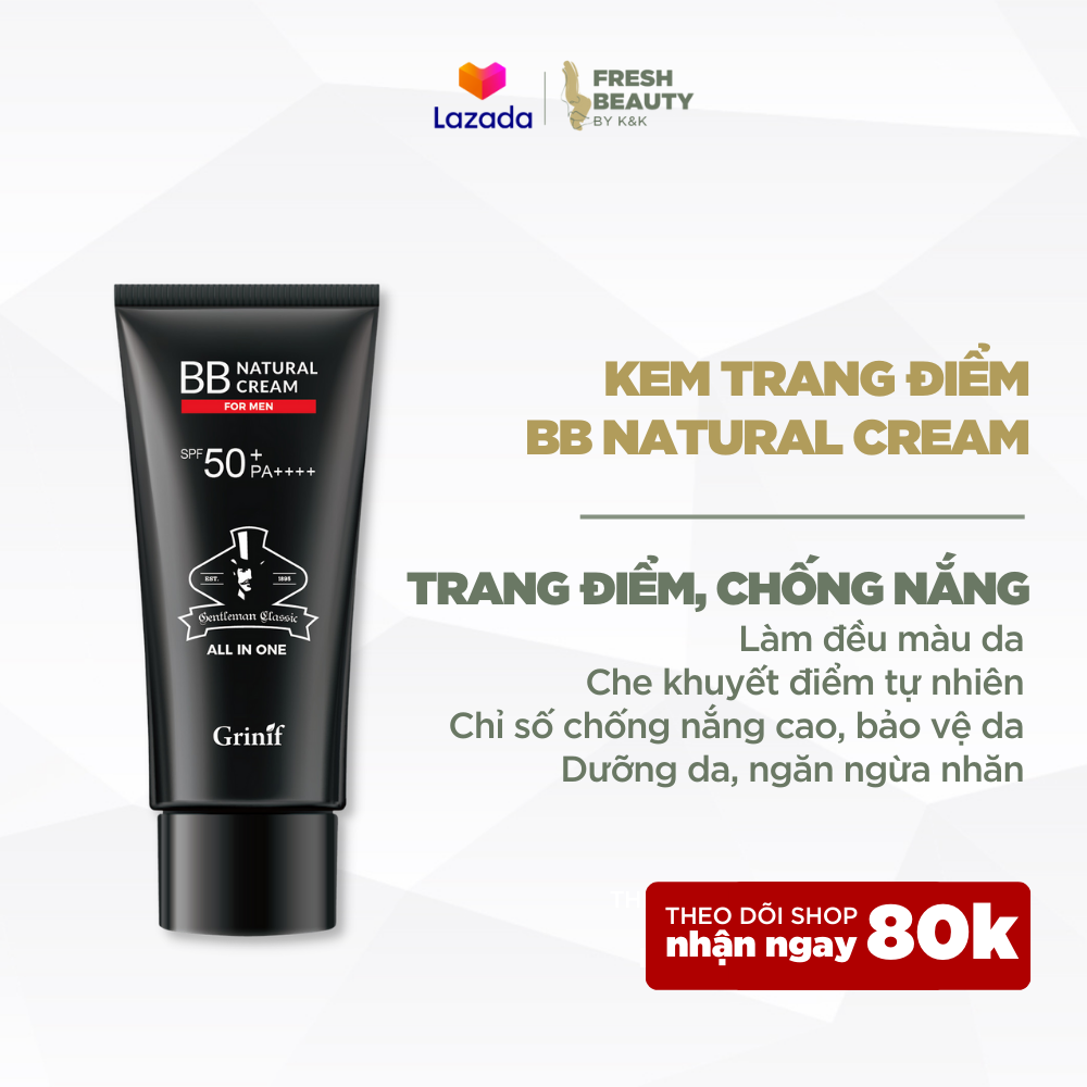 Kem che khuyết điểm, chống nắng không lộ vân, dưỡng trắng da, giảm nhăn cho nam giới Grinif Natural BB Cream for Men 50g