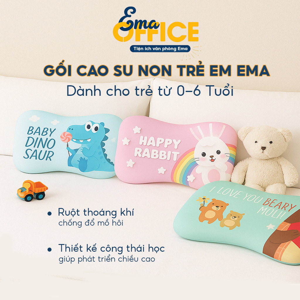 Gối cao su non cho bé từ 0-1-2-3-4-5-6 tuổi thiết kế công thái học EMA - Hàng cao cấp với ruột gối đục lỗ thoáng khí - Gối cao su non trẻ em