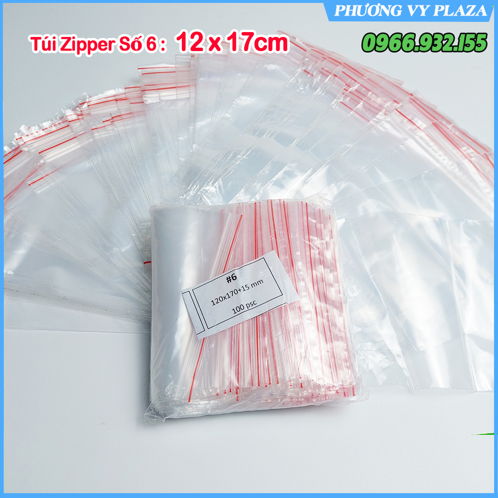 100 túi zipper trong chỉ đỏ bấm miệng - size 12 x 17 cm
