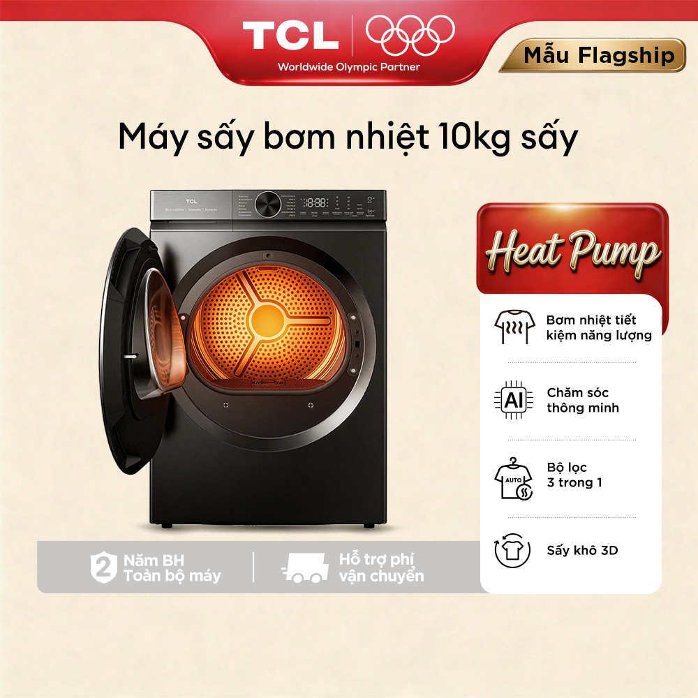 【HEAT PUMP】Máy Sấy Bơm Nhiệt TCL 10KG - Công Nghệ AI Tiết Kiệm Điện - Bảo Vệ Sợi Vải - TDH100-C682G - Bảo Hành 2 Năm