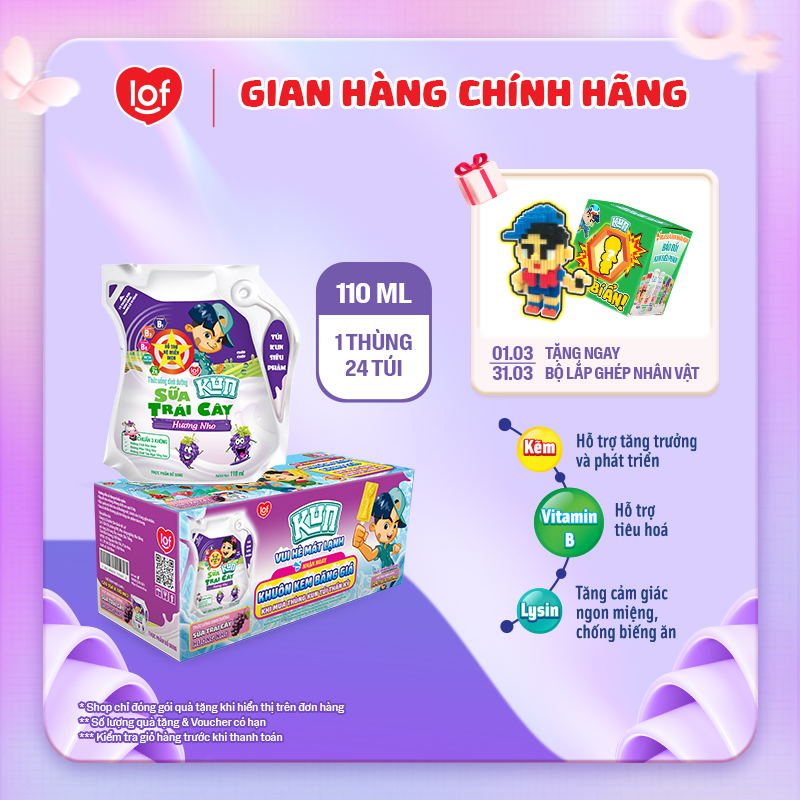 Sữa trái cây KUN vị nho thùng 24 túi x 110ml