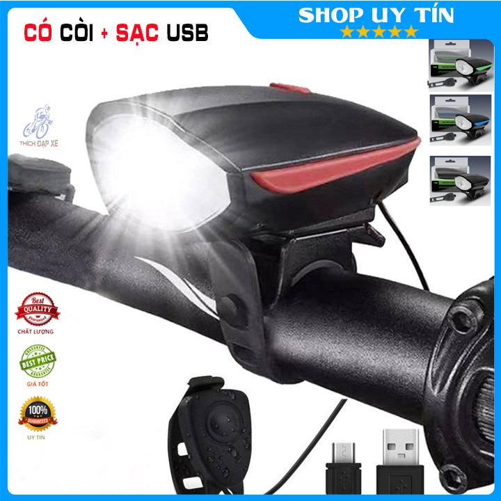 Đèn xe đạp có còi thể thao siêu sáng chống nước 3 chế độ nháy sạc usb