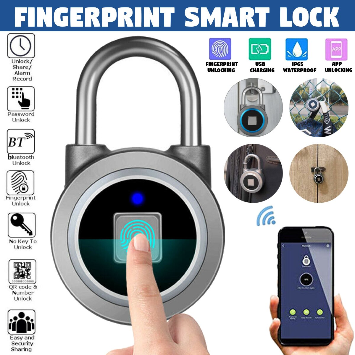 Khóa Móc Vân Tay Hontusec Khóa Bluetooth App Android  Kiểm Soát  Ổ Khóa Thông Minh Chống Nước Thích Hợp Cho Tủ Đựng Đồ Tập Thể Dục Mở Khóa Bằng Vân Tay Chống Trộm Bảo Mật  Khóa Hành Lý.