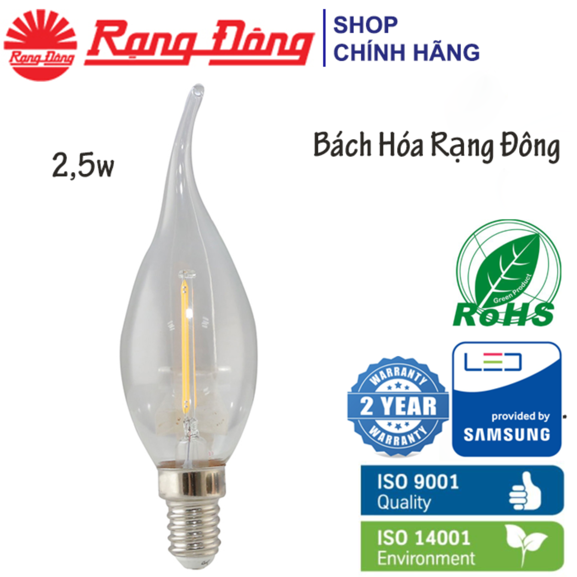 Bóng led dây tóc 2,5w rạng đông, 2 năm bảo hành