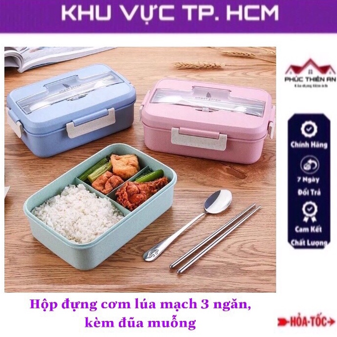 Hộp đựng cơm lúa mạch 3 ngăn, kèm đũa muỗng