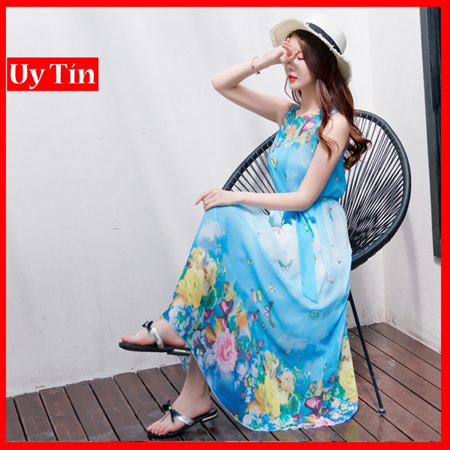 Đầm maxi voan hoa bướm kèm dây thắt lưng DX01 - Đầm maxi đi biển, đi dạo phố đầm xinh đi biển
