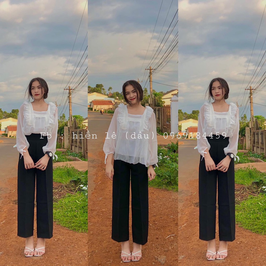 Set quần ống suông + áo cỗ vuông tay nơ