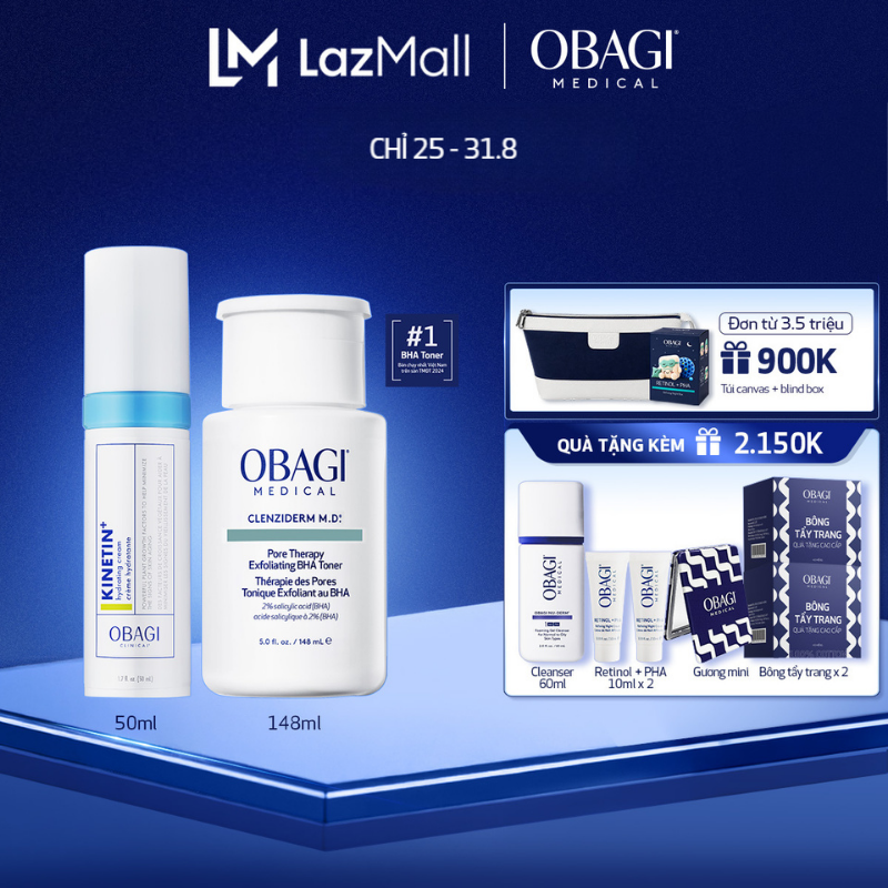 Bộ đôi dưỡng da Toner BHA làm sạch mụn và tẩy tế bào chết Obagi Medical Clenziderm M.D 148ml và Kem Dưỡng Phục Hồi Làm Dịu Da Obagi Clinical Kinetin+ Hydrating 50ml