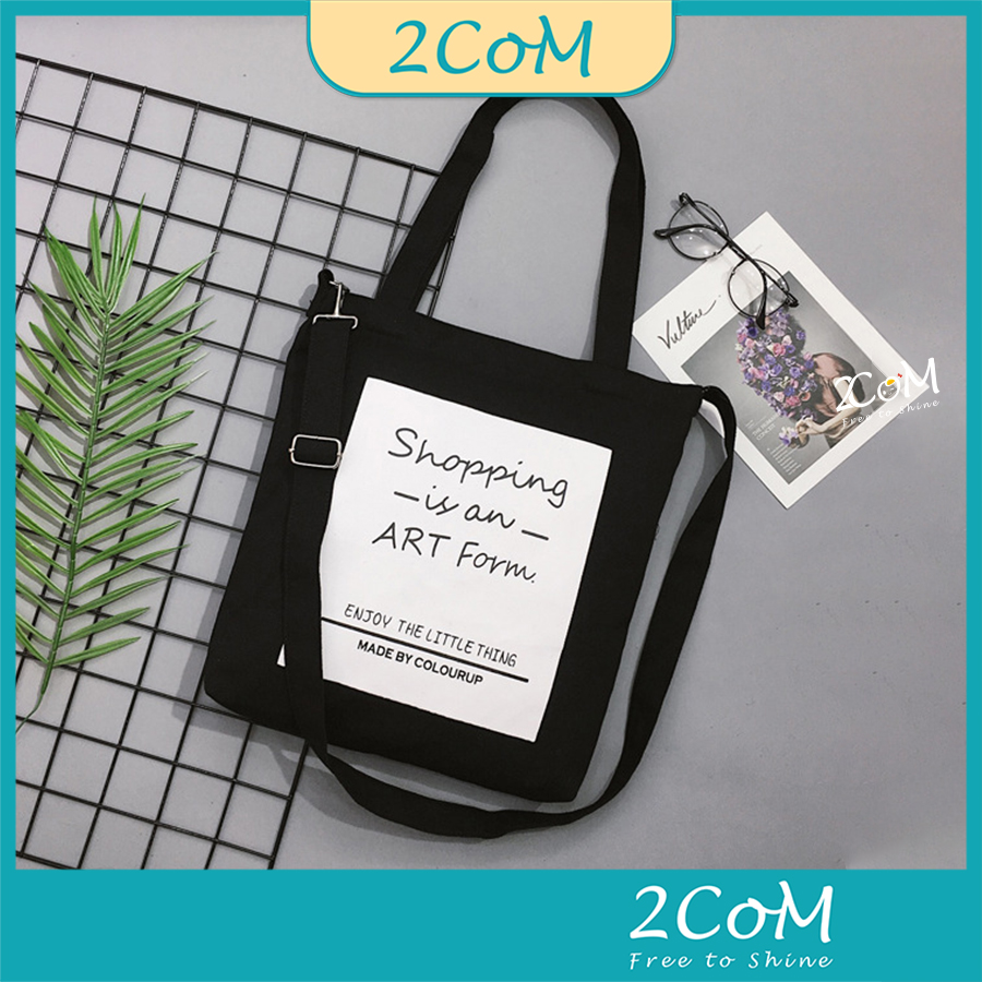 Túi tote vải canvas có dây đeo đi học có khóa chữ slogan mix màu siêu đẹp phong cách Hàn Quốc 2CoM