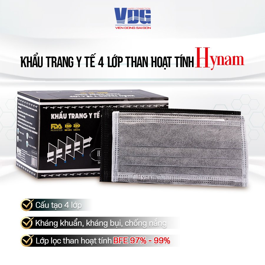 Khẩu trang y tế 4 lớp Hynam - Than hoạt tính  - (50 cái/ hộp) - Màu đen. Kháng bụi, chống tia UV-Vien Dong Sai Gon