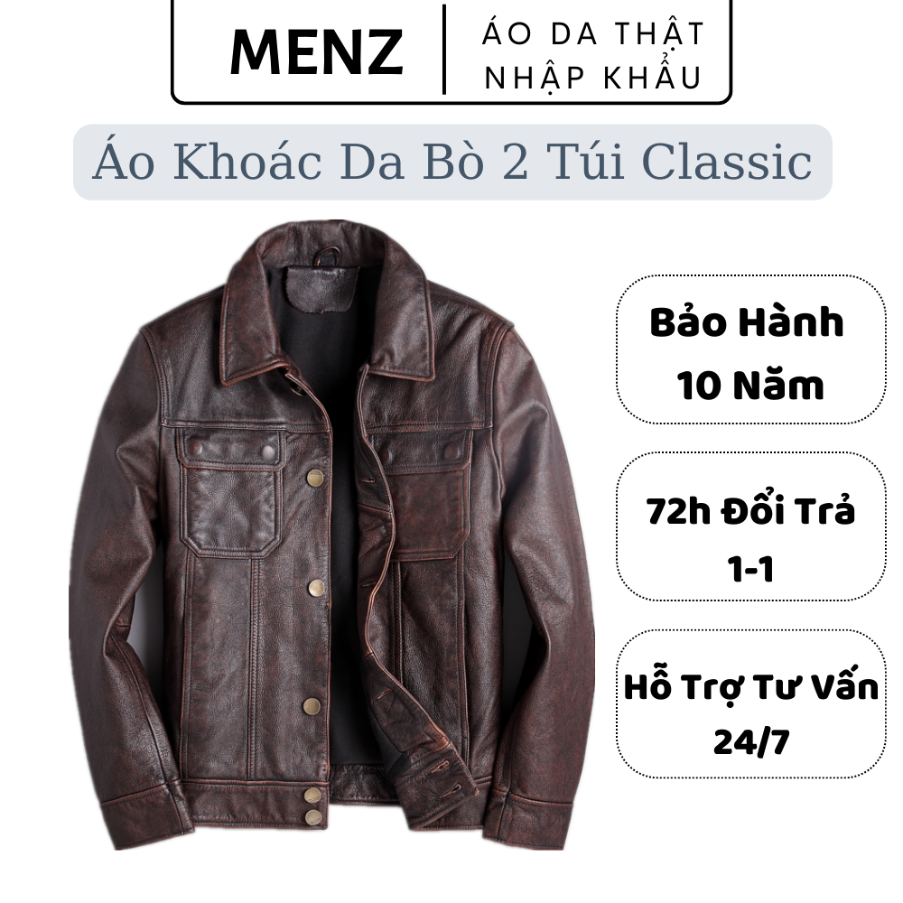 Áo Khoác Nam Da bò,Áo Jacket da bò cao cấp 2 túi phối sọc sắc nét, kiểu dáng cổ điển thời thượng, bảo hành lên tới 10 năm