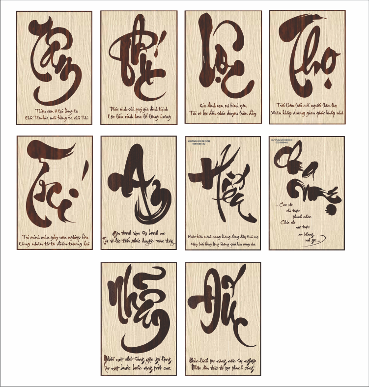 (Rẻ Đẹp)Tranh Chữ Thư PháTreo Tường Tâm, Phúc, Đức, Tài, An, Trí, Nhẫn