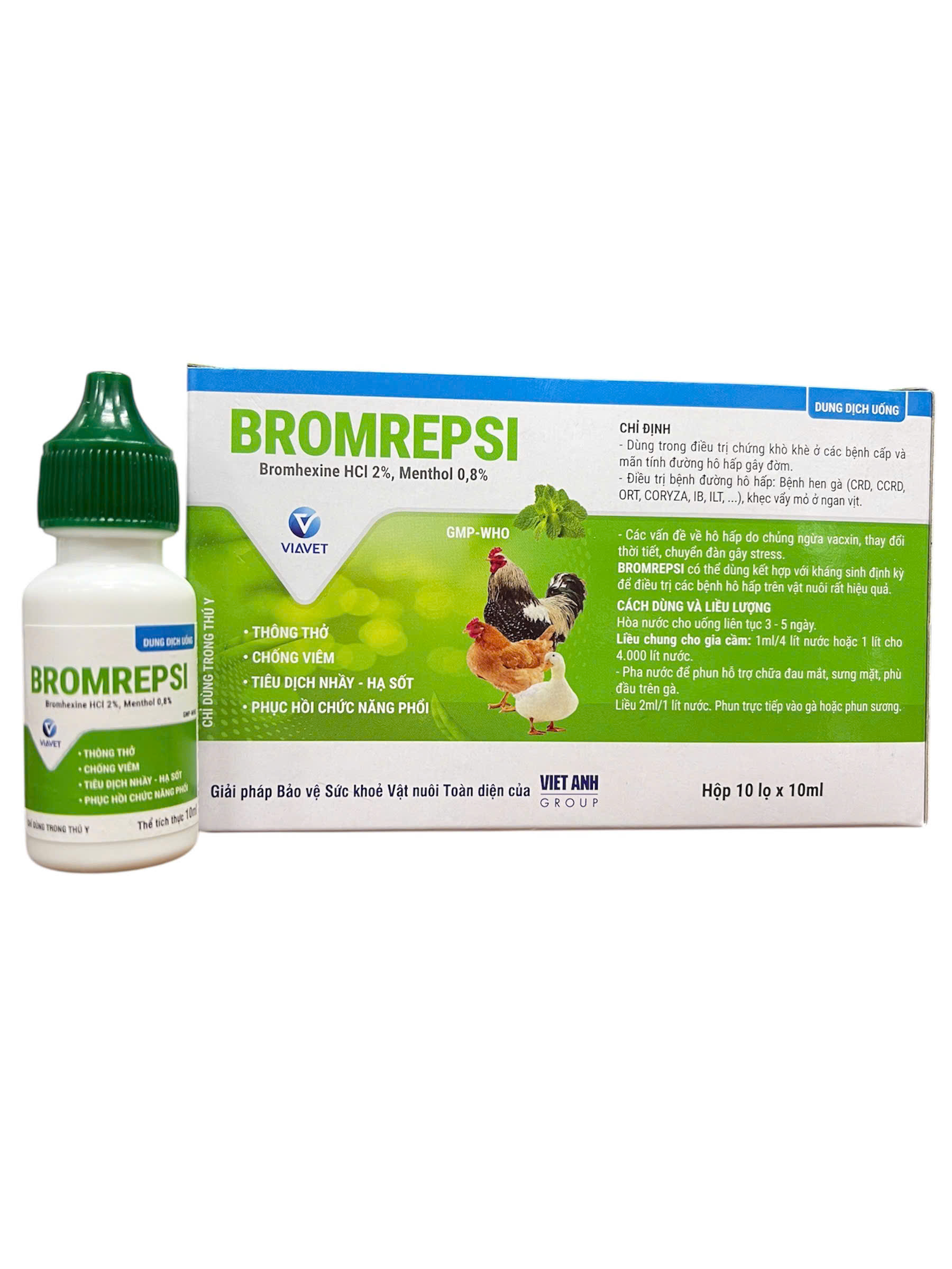 Box of 10 Bottles of Bromrepsi Treatment for Wheezing, Asthma, and Chicken and Duck Beak Scabies