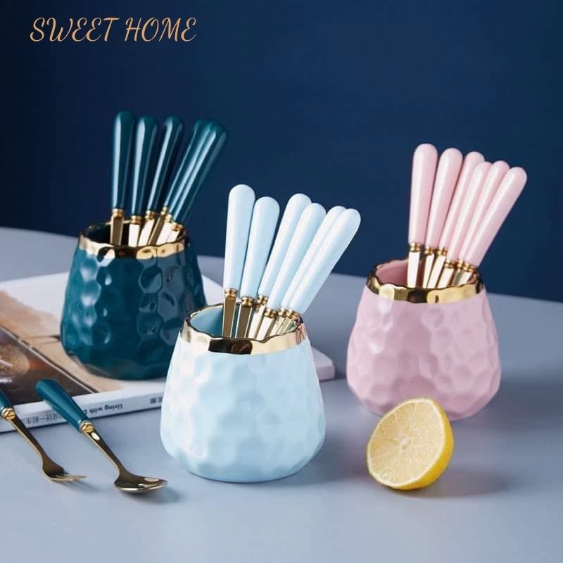 Bộ 6 dĩa viền vàng có hũ đựng bằng sứ sang trọng cao cấp SWEETHOME