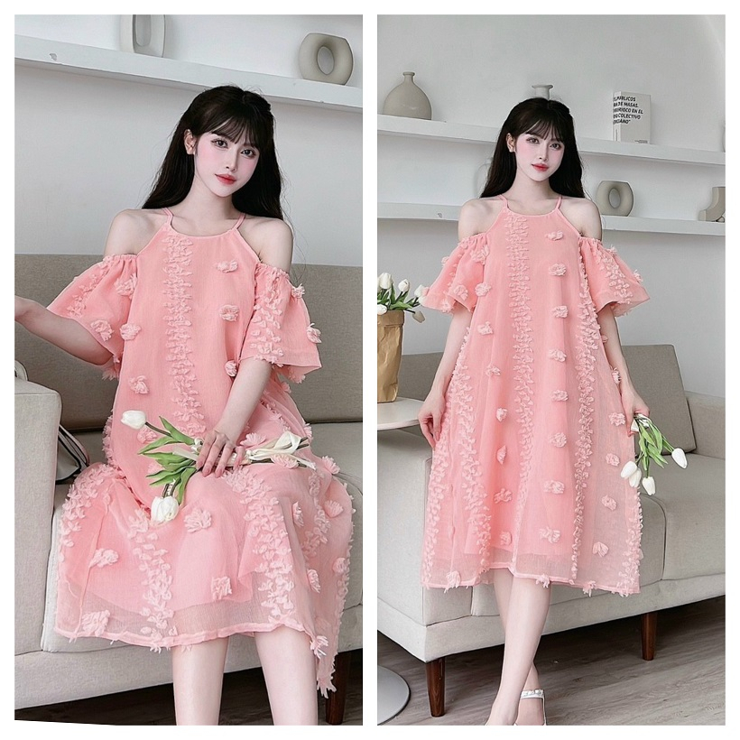 váy bầu đẹp, đầm bầu  von nhẹ 2 lớp mềm nhẹ