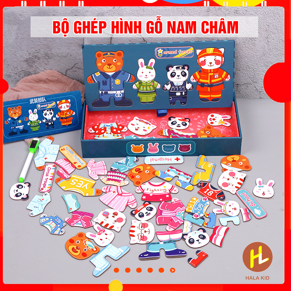 Bộ ghép hình gỗ nam châm, ghép trang phục con vật kèm bút đánh dấu cho bé
