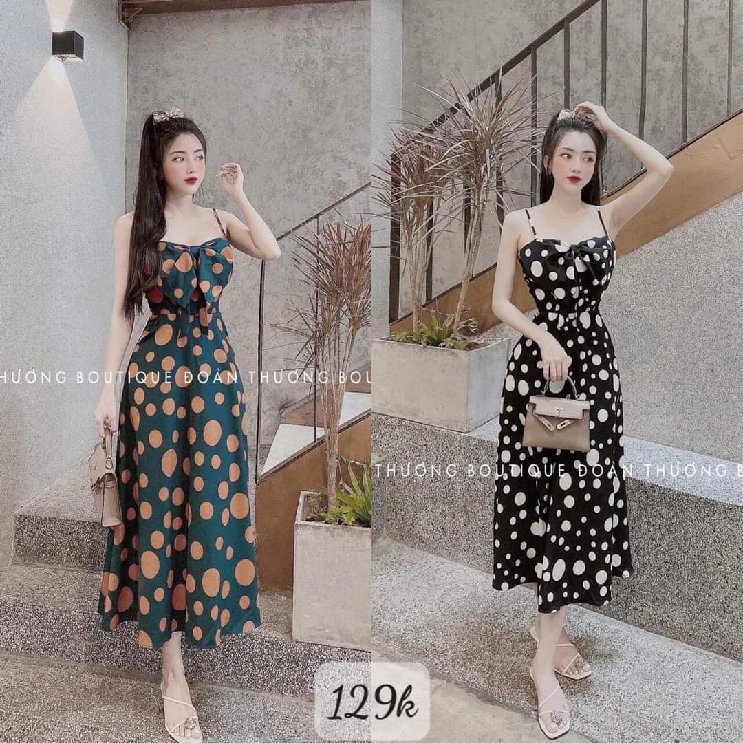 Đầm hai dây chấm bi nơ ngực siêu xinh có túi có mút ngực