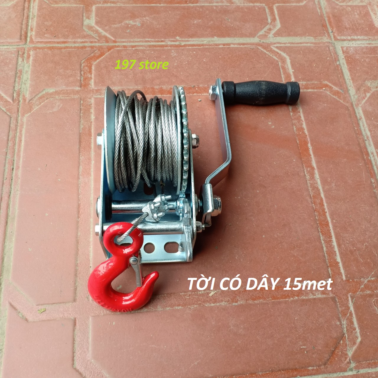 Tời quay tay mini dây 15 mét sợi cáp phi 4 móc cẩu chịu tải 0.5 tấn