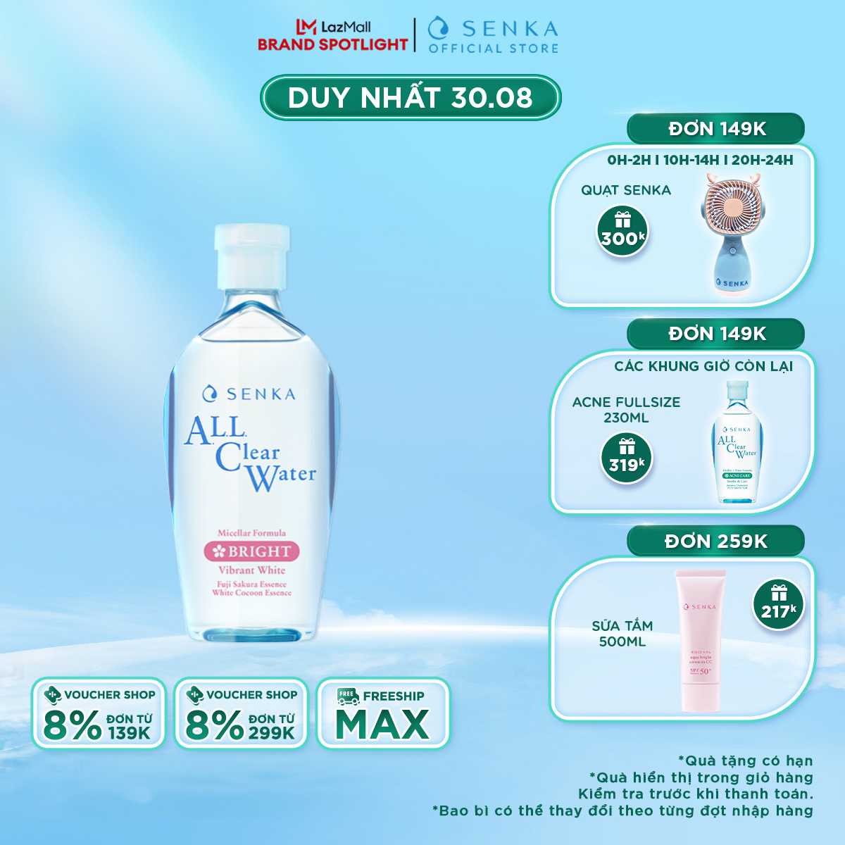 Nước tẩy trang Micellar Không Cồn cho da KHÔ- Sạch Sâu Giảm Thâm Sạm SENKA A.L.L CLEAR WATER WHITE 230ML
