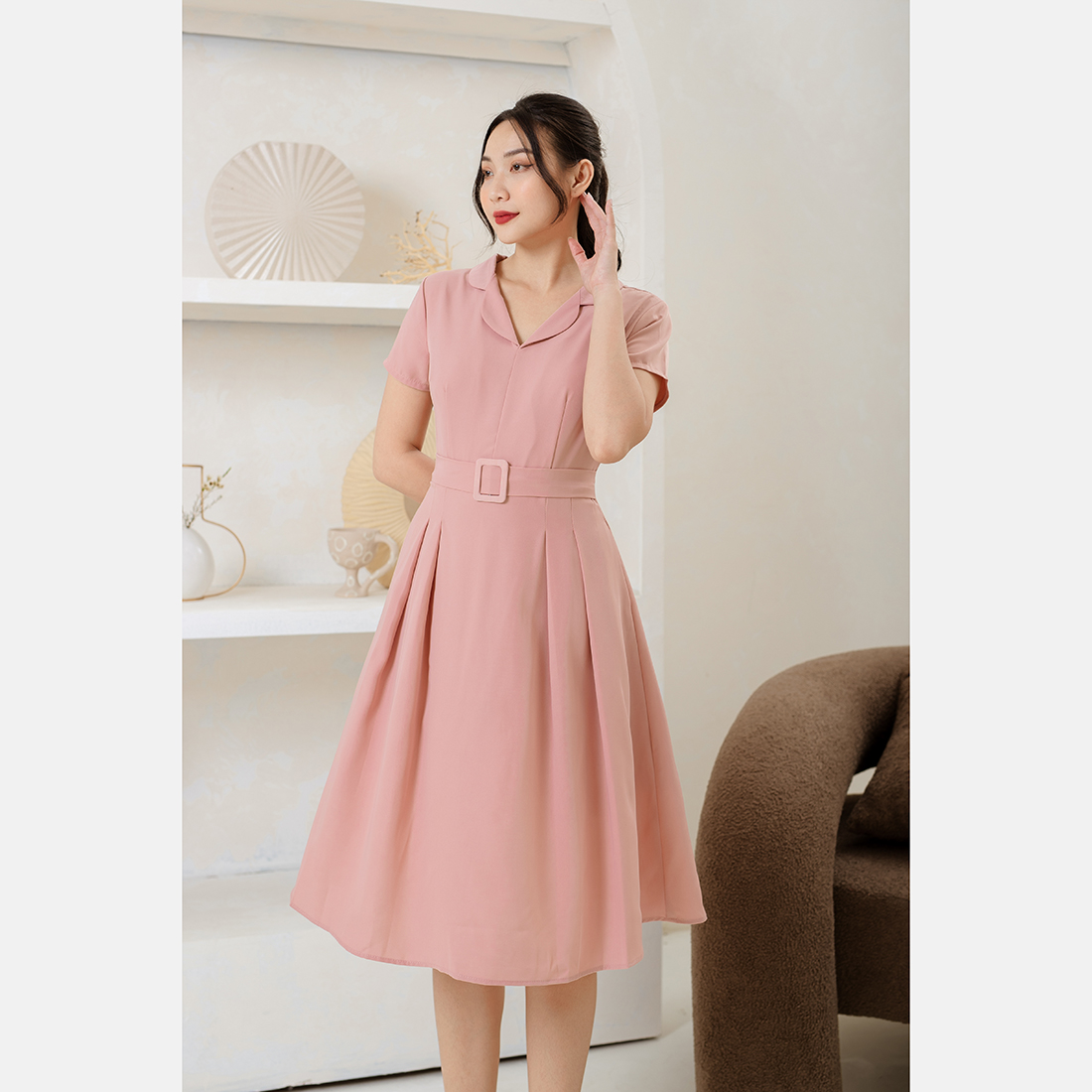 Đầm xòe cổ v phối thắt lưng - Eden Fashion Store - D490