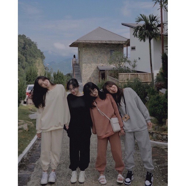 Bộ nỉ trơn nhiều màu quần bom áo sweater fom to đẹp