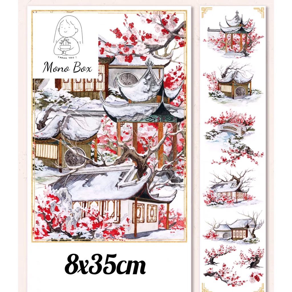 Chiết] Washi tape 8x35cm chủ đề phong cảnh cổ phong hoa đào mùa đông, băng  dán trang trí làm tranh washi Monobox 