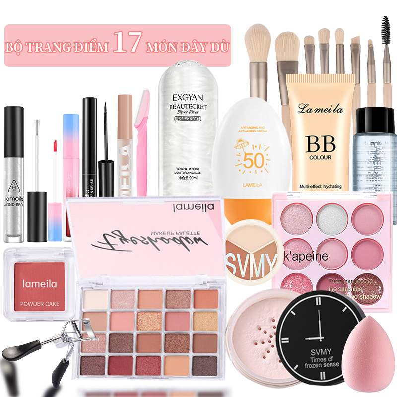 Combo trang điểm LAMEILA 17 món Kem BB+Phấn mắt+Mascara+Chì kẻ mày+Kem Lót Cách Ly Kem +bút tạo khối +kẻ mắt+Phấn má hồng+kẹp bấm mi+Dao tỉa lông mày+Cọ trang điểm+Kem che khuyết điểm+Mút trang điểm