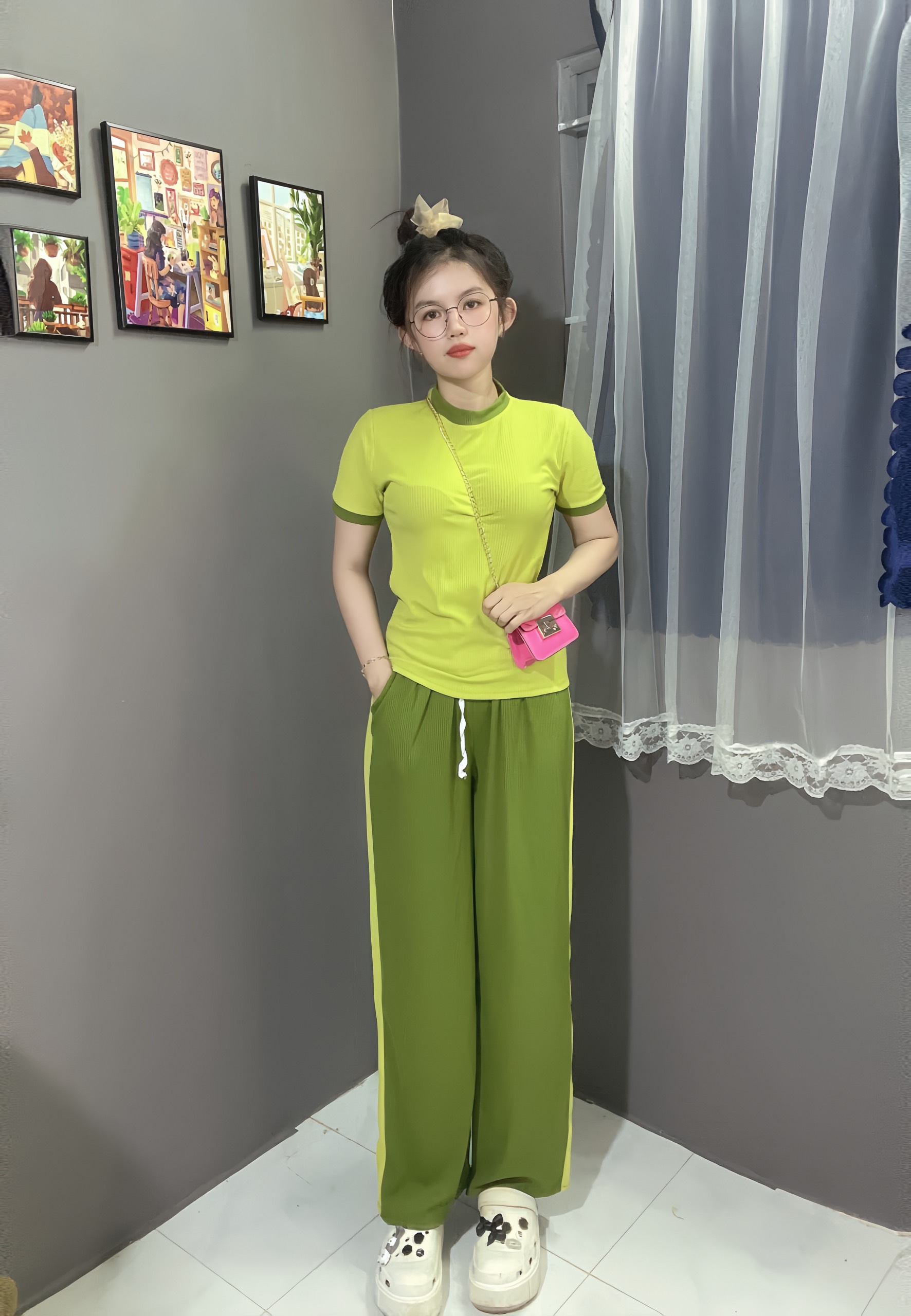 Set bộ ống rộng thun gân , áo thun ôm co giản 4 chiều cực xinh