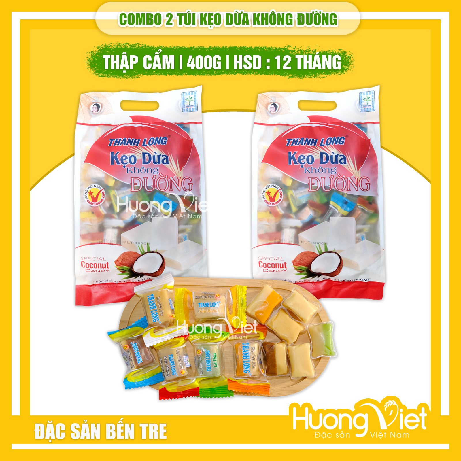 COMBO 2 Kẹo dừa không đường Bến Tre, kẹo dừa Thanh Long THẬP CẨM nhiều vị túi 400g