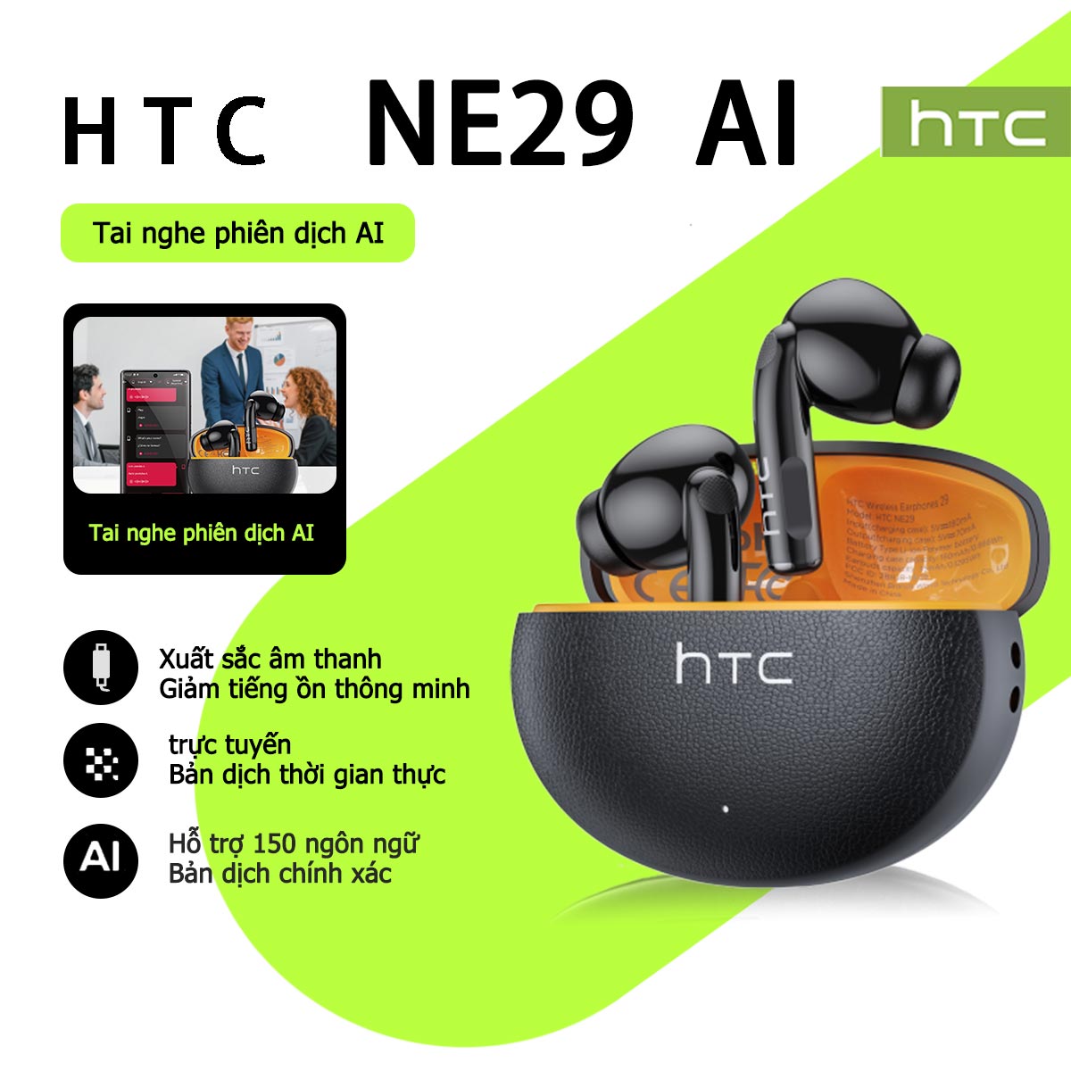 HTC NE29 Tai nghe dịch thuật AI Bảo hành một năm  Tai nghe Bluetooth OWS Chất liệu da thật Dịch thuật thời gian thực 135 ngôn ngữ Tai nghe chống ồn thông minh IPX5