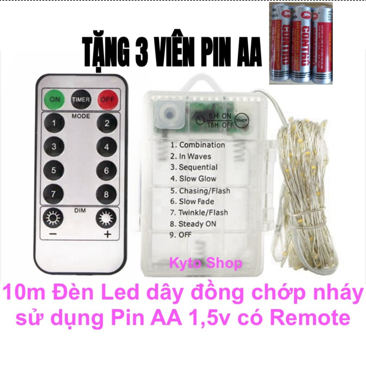 10m Dây đèn led trang trí chớp nháy có remote điều khiển sử dụng 3 pin aa 1.5v đèn led dây đồng