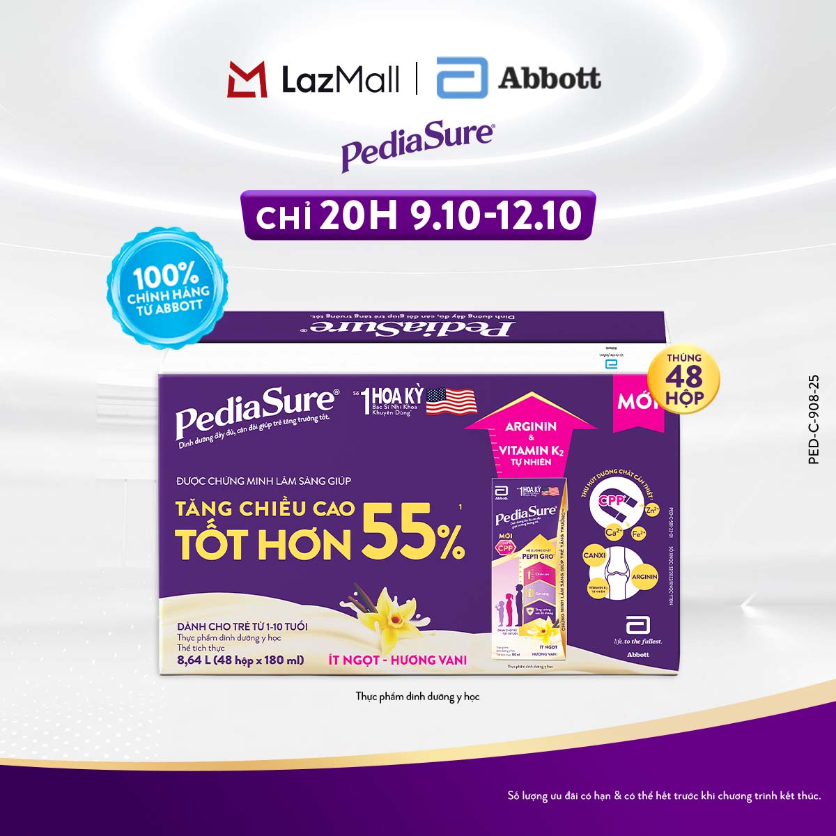 (CHỈ TỪ 20H 9-12.10 GIÁ TỐT MUA NGAY-SLCH) Thùng 48 hộp sữa nước PediaSure 180ml hương Vani [bao bì thay đổi theo từng đợt nhập hàng] cho trẻ từ 1-10 tuổi