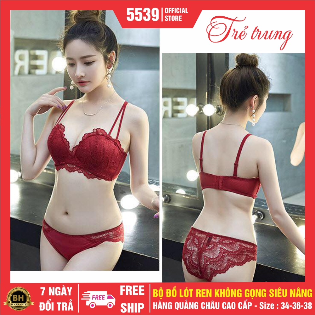 Bộ đồ lót nữ sexy, đồ lót ren nữ sexy nâng ngực set mút bàn tay siêu nâng hàng loại một bộ ren mềm cup ngang không gọng bản to cài 3 nâng đẹp - 5539 Official Store