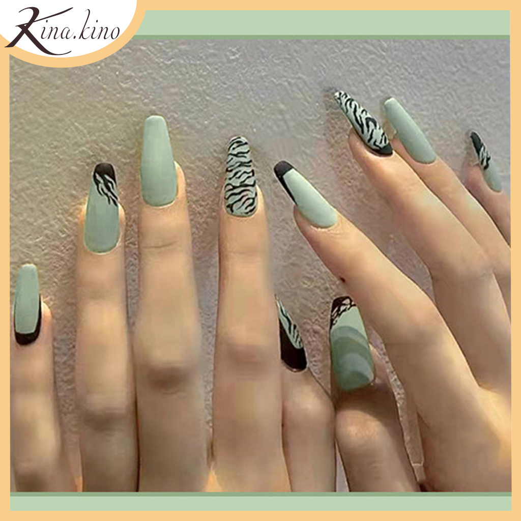 Bộ 24 móng tay giả màu xanh bơ họa tiết vằn xinh xắn-Kinakino Phukienlamdep