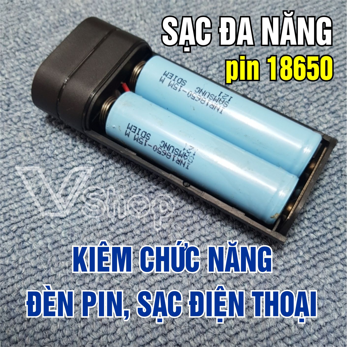 Hộp sạc pin, dùng cho pin 18650. Kiêm đèn pin và sạc dự phòng