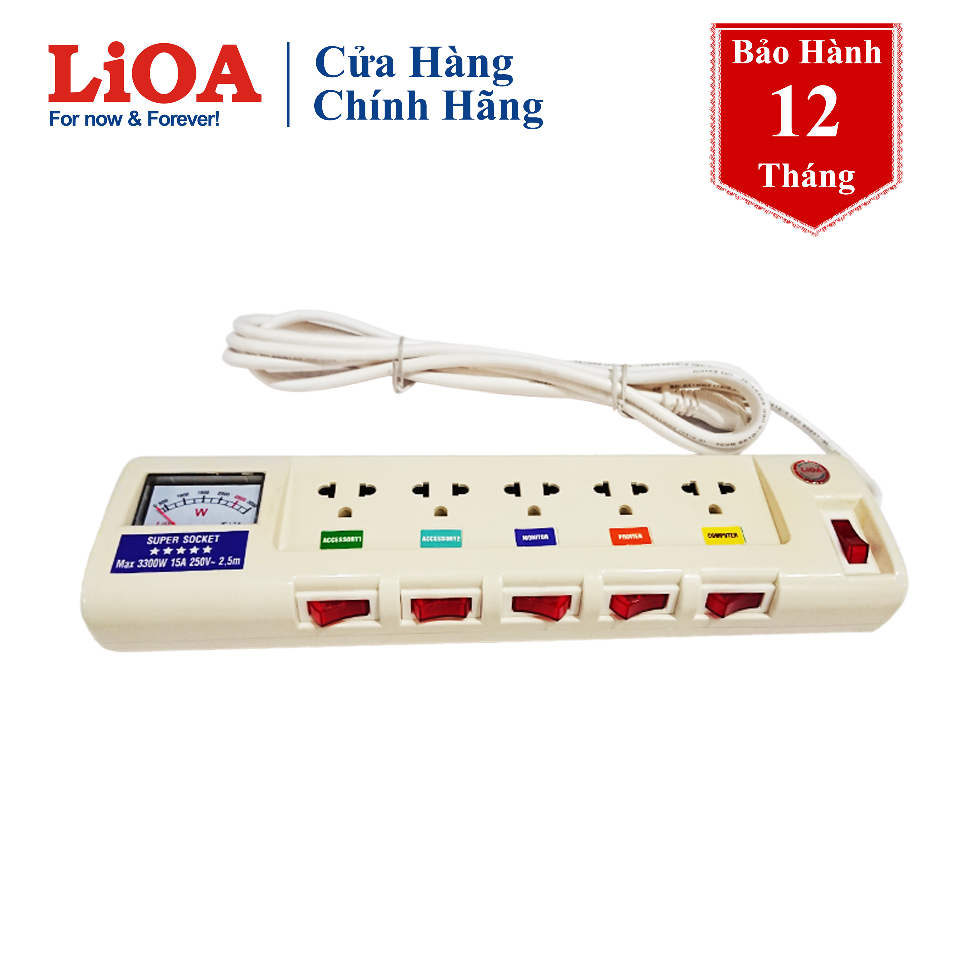 Ổ cắm điện lioa có đồng hồ báo điện áp 5 ổ cắm, 3 lõi 5ofssv2.5-3