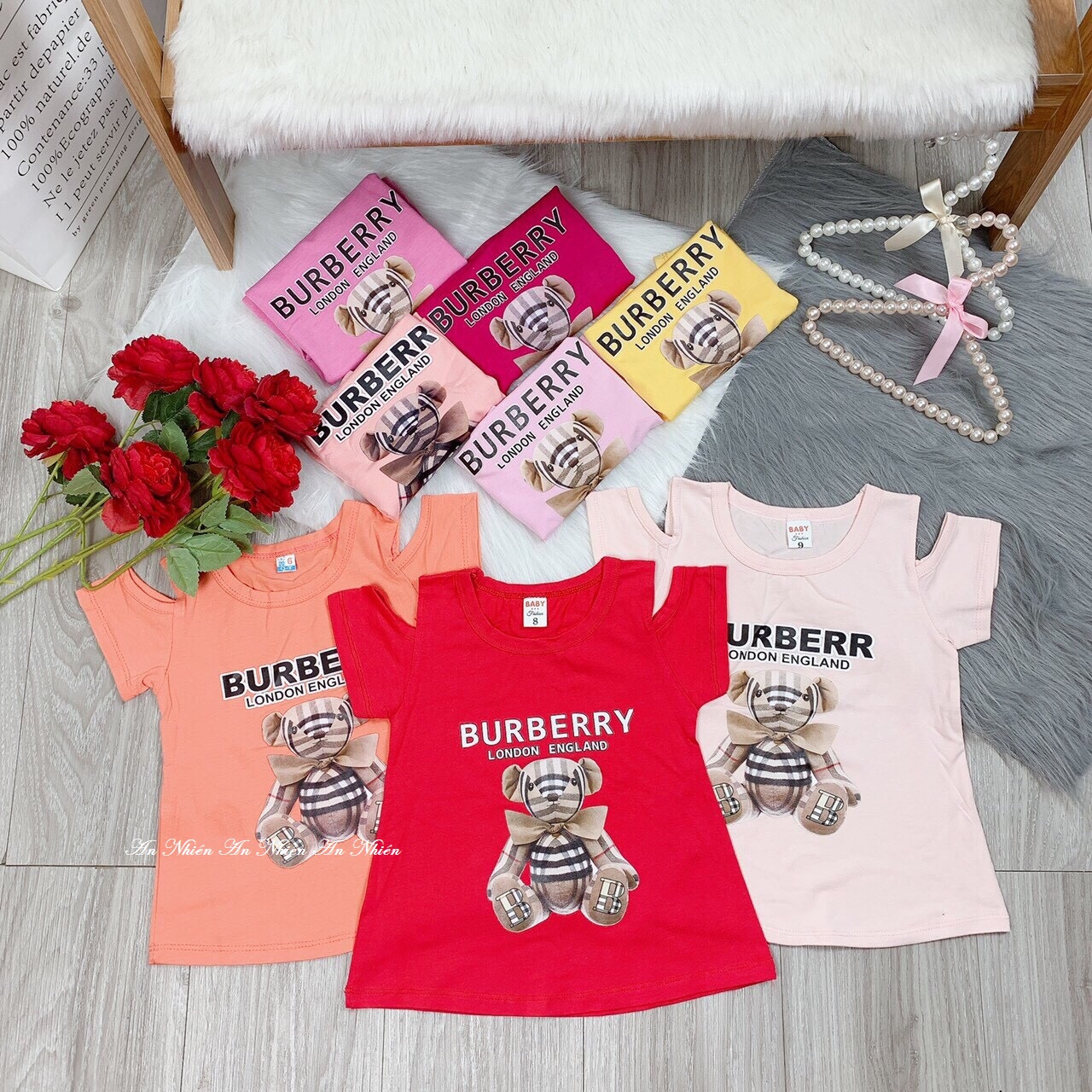 [Hình thật hàng xuất dư] Áo bé gái xẻ vai thun cotton mùa hè họa tiết gấu đáng yêu cho bé 3-13kgkg