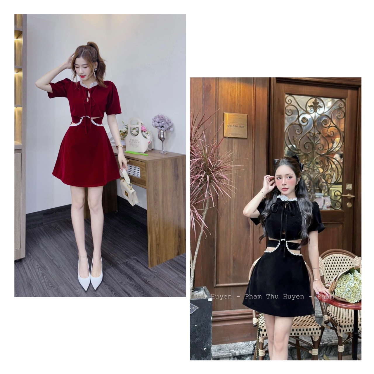 Đầm nhung cổ ren nơ hở eo viền ren trắng h68
