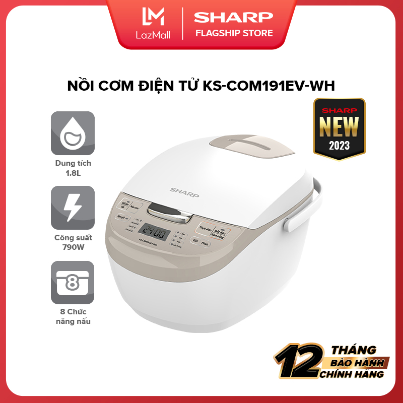[Hàng mới về 2023] Nồi Cơm Điện Tử Sharp KS-COM191EV-WH 1.8L [8 Chức năng nấu, Màn hình LED, Lòng nồi 3 lớp] - Hàng Chính Hãng Uy Tín Bảo Hành 12 tháng