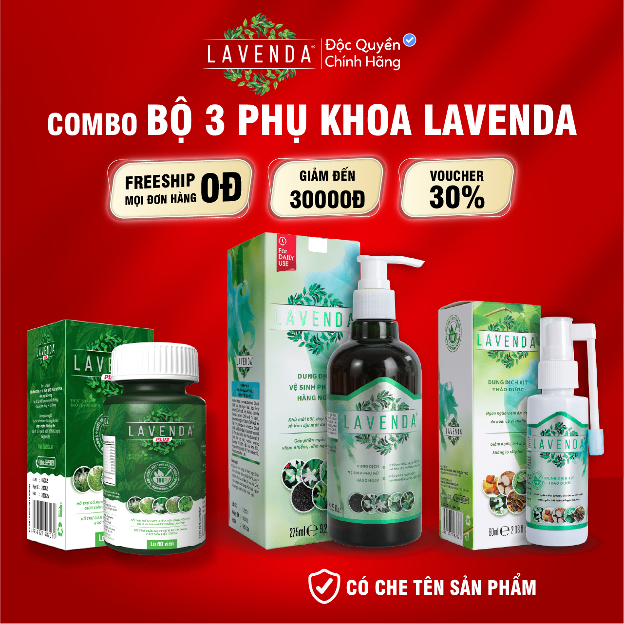 Combo Bộ 3 LAVENDA gồm 1 Rửa (275ml/chai), 1 Xịt (60ml/chai), 1 Uống (60 viên/hộp)