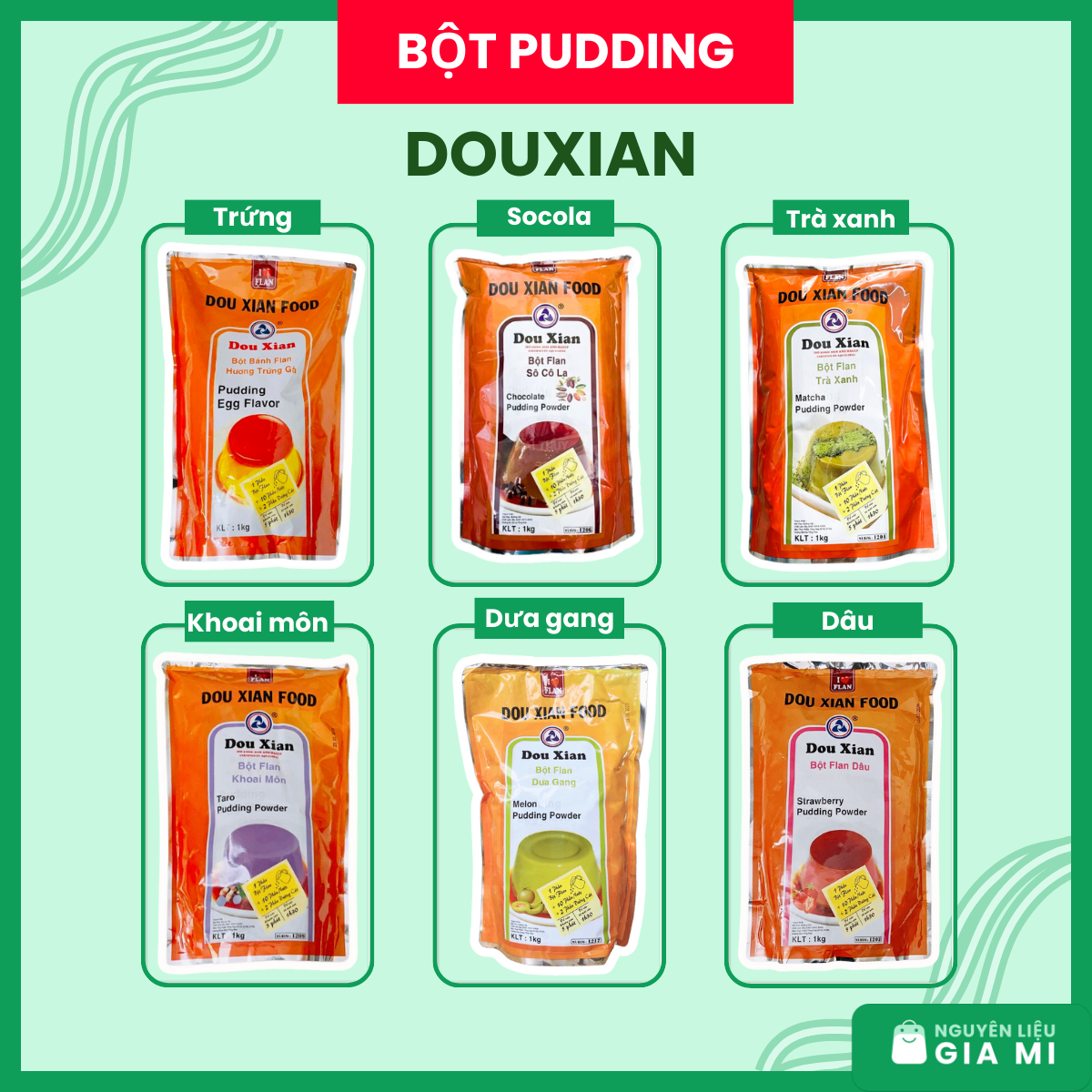 Bột pudding Duo Xian gói 1kg - Đủ mùi Dâu, Dưa gang, Khoai Môn, Trứng,